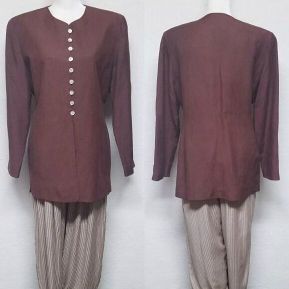 𝅺Vintage 80s Limited Silk Linen Brown Striped Pant Kurta Blazer Pantsuit - Picture 1 of 16
